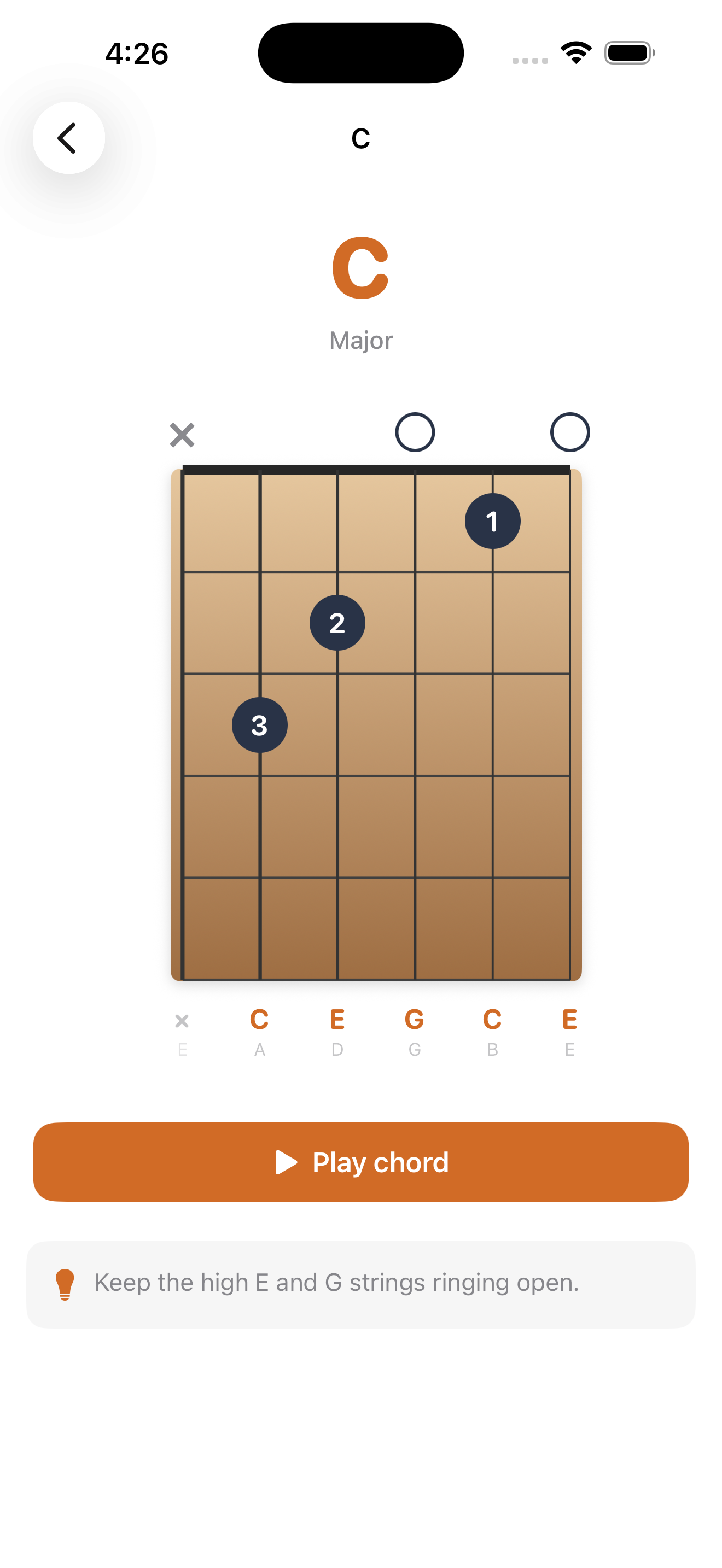 C major chord diagram in ChordCoach