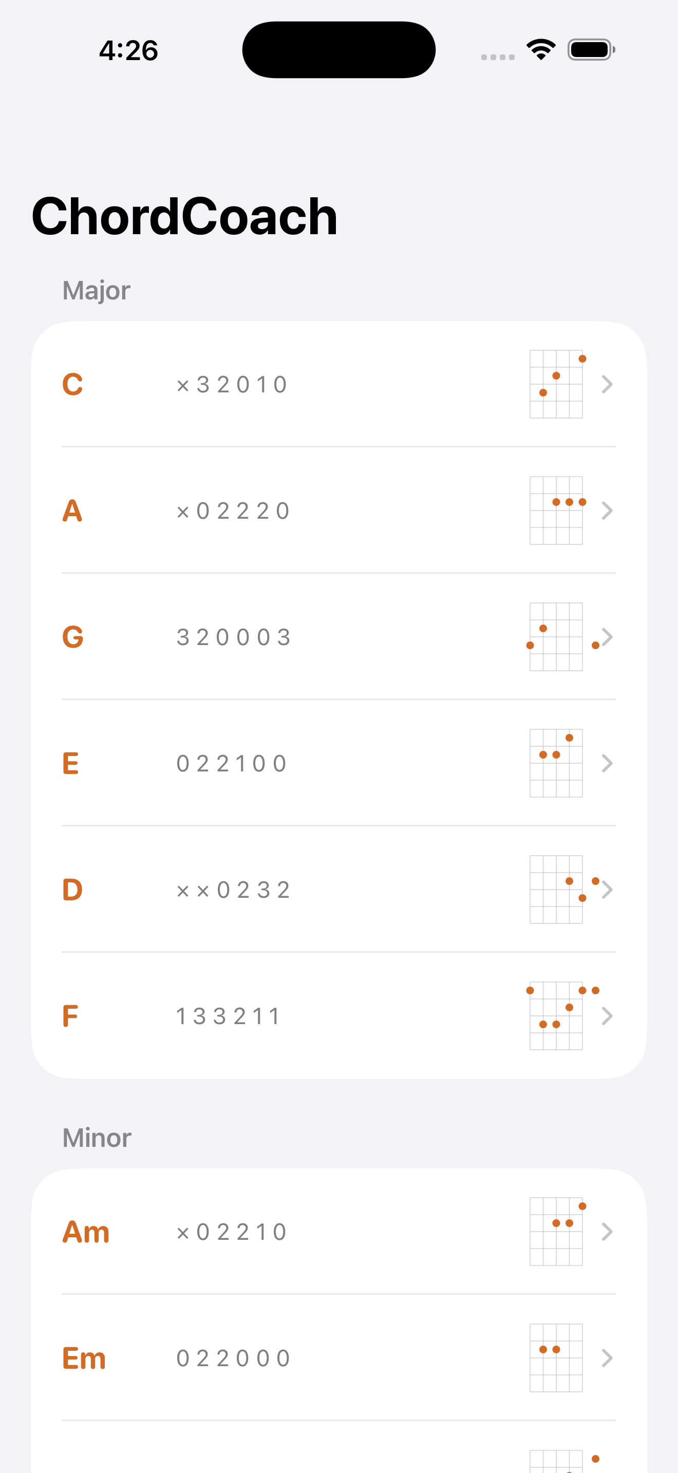 ChordCoach chord menu